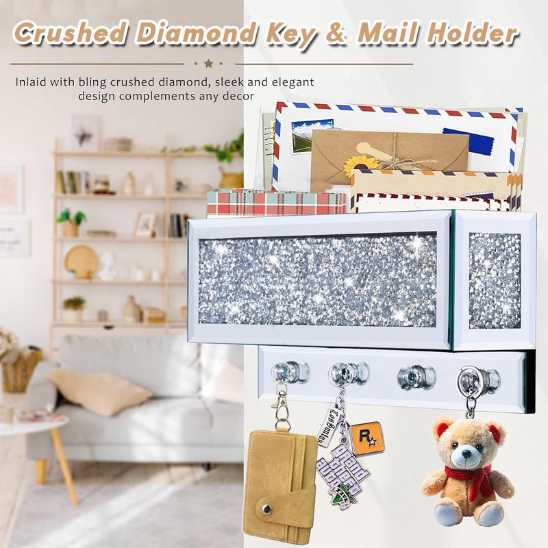 WALTSOM Crushed Diamond Key and Mail Holder for Wall, Crystal Mail Organizer Wall Mount, Mirror Mail and Key Holder Wall Mount for Entryway and Home Decor - Image 2